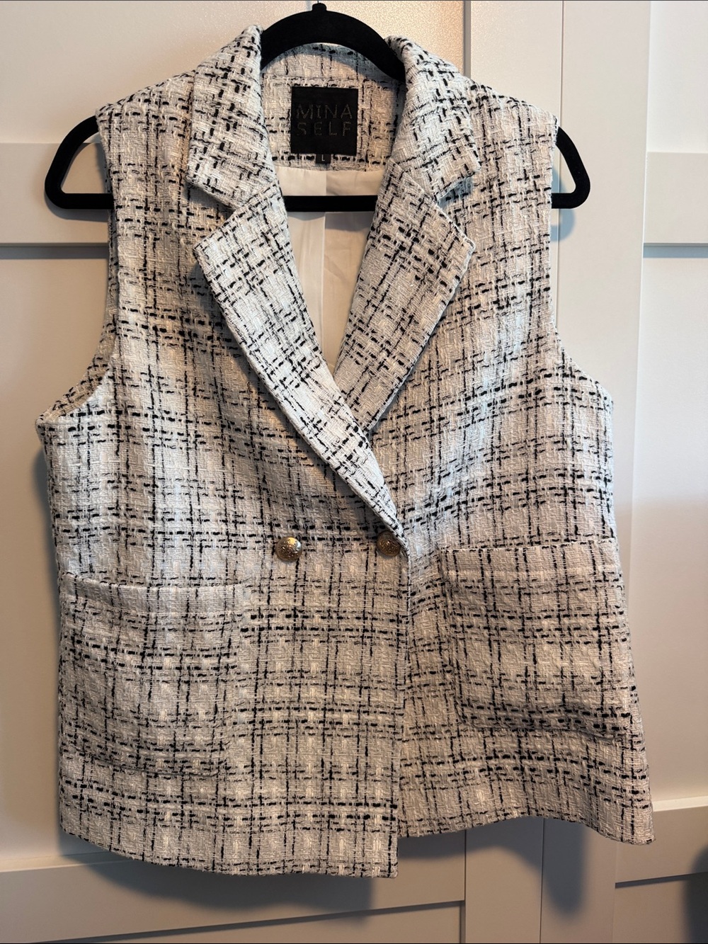 Ina Black & White Tweed Double-Breasted Sleeveless Vest with Gold Buttons